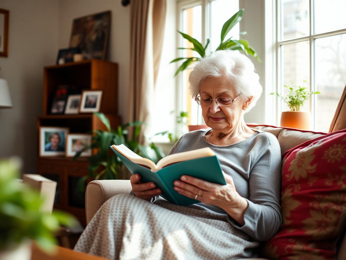 Elderly woman reading peacefully in her own living room